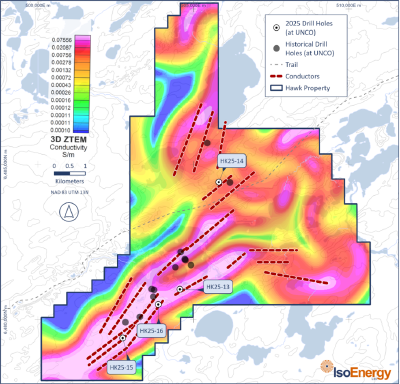Figure 2 – Compilation map of Hawk project showing labeled 2025 drill hole locations, unlabeled previous drill hole locations (both at the unconformity), and interpreted ground electromagnetic survey conductors, on a plan view of the 20xx ZTEM conductivity model 50 metres below the unconformity. (CNW Group/IsoEnergy Ltd.)
