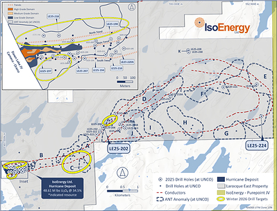 Figure 1 – Map of the Larocque Trend on the Larocque East project showing the Hurricane deposit, drill hole unconformity intercept locations, electromagnetic conductor traces, ANT seismic velocity anomalies, and winter 2026 drill target areas. Geochemical and radiometric results for mineralized intervals in the nine highlighted drill holes are provided in Table 1. * See Qualified Person Statement below. (CNW Group/IsoEnergy Ltd.)