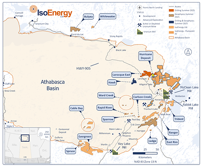 Figure 4 – Location map of the Hurricane deposit and exploration projects in the eastern Athabasca Basin showing planned summer exploration work. (CNW Group/IsoEnergy Ltd.)