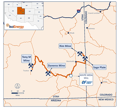 Figure 1: Location of IsoEnergy’s three past-producing mines in Utah, strategically positioned near the fully operational White Mesa Mill, where IsoEnergy holds a toll milling agreement with Energy Fuels. White Mesa is the only fully licensed and operating conventional uranium mill in the United States, with a licensed capacity of over 8 million pounds of U₃O₈ per year, playing a vital role in the U.S. nuclear fuel supply chain. (CNW Group/IsoEnergy Ltd.)
