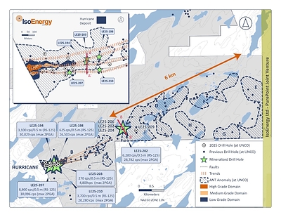Figure 2 – Location of 2025 target areas and winter drill holes along the Larocque Trend, including drill holes in Target Area D, located 2.8 km east of the Deposit. In addition to targets near the Deposit, greenfield potential will be tested this summer in areas D, E and F along a six-kilometre segment of the Larocque Trend. RS-125 values are highest averages over 0.5 m intervals. (CNW Group/IsoEnergy Ltd.)