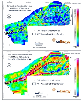 Figure 3 – Joint resistivity – electromagnetic inversion model of the Larocque East project completed by Convolutions Geoscience and Computational Geosciences that highlights an untested 2,500m northern conductivity trend. (CNW Group/IsoEnergy Ltd.)