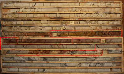 Figure 5 – South Trend: Core photo of drill hole LE25-207 from 310 m to 333.5 m showing interval from 323.0 m to 329.0 m with elevated radioactivity up to 8800 cps averaged over 50 cm on the RS-125 spectrometer. The unconformity is at 323.8 m. (CNW Group/IsoEnergy Ltd.)