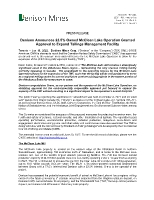 Denison Announces 22.5% Owned McClean Lake Operation Granted Approval to Expand Tailings Management Facility (CNW Group/Denison Mines Corp.)