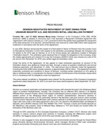 DENISON NEGOTIATES REPAYMENT OF DEBT OWING FROM URANIUM INDUSTRY A.S. AND RECEIVES INITIAL US$2 MILLION PAYMENT (CNW Group/Denison Mines Corp.)