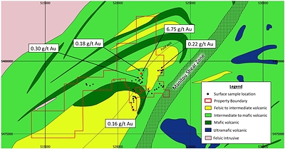 Figure 2: Goldrock geology and sample locations (CNW Group/Treasury Metals Inc.)