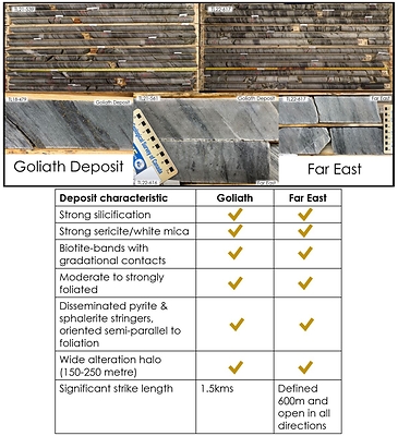 Figure 3: Core Photos and Deposit Characteristics Goliath vs Far East (CNW Group/Treasury Metals Inc.)