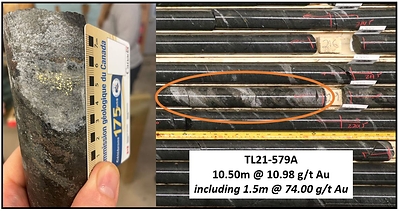Figure 3: Visible gold from hole TL21-579A (CNW Group/Treasury Metals Inc.)