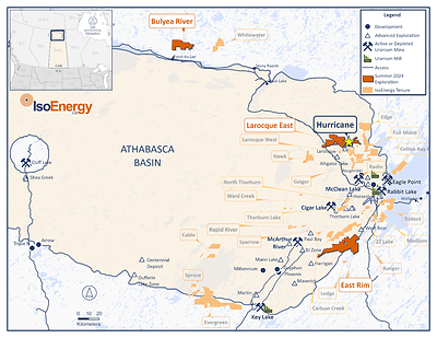 Figure 1 – Location map of the Hurricane deposit and exploration projects in the eastern Athabasca Basin. (CNW Group/IsoEnergy Ltd.)