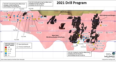 Figure 2:  Long Section of Goliath Main Zone Gold Results for 2021 (CNW Group/Treasury Metals Inc.)