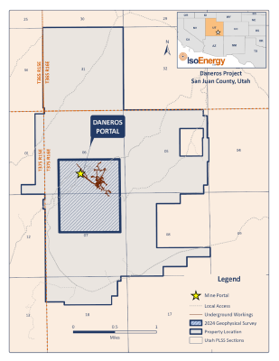 Figure 4 – Location map of the Daneros Mine showing the location of the planned geophysical surveys over the historic workings and areas for exploration target generation (CNW Group/IsoEnergy Ltd.)