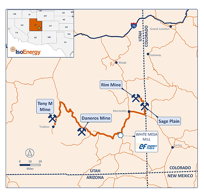 Figure 1 – Location map of the Tony M Mine, Rim Mine, Daneros Mine, and Sage Plain project in proximity to Energy Fuels’ White Mesa Mill, the only operational conventional uranium mill in the U.S. with licensed capacity of over 8Mlbs of U₃O₈ per year, located in Utah. (CNW Group/IsoEnergy Ltd.)