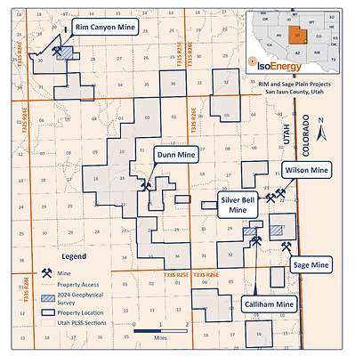 Figure 3 – Location map of both the Rim Mine and Sage Plain project (consisting of the past producing Dunn, Silver Bell, Wilson, Sage and Calliham Mines) showing location of the planned geophysical surveys over areas for exploration target generation. (CNW Group/IsoEnergy Ltd.)