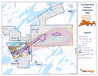 Figure 4 – Larocque East planned 2024 summer exploration includes additional ANT surveys along the eastern extension of the highly prospective Hurricane conductor corridor and diamond drilling in four target areas (labelled “A” through “D”) (CNW Group/IsoEnergy Ltd.)