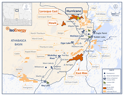 Figure 1 – Location of IsoEnergy’s Hurricane deposit and exploration projects in the eastern Athabasca Basin, including the Laroque East, Hawk and East Rim projects on which work was completed in the winter of 2024. (CNW Group/IsoEnergy Ltd.)