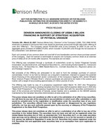 Denison Announces Closing of US$86.3 Million Financing in Support of Strategic Acquisition of Physical Uranium (CNW Group/Denison Mines Corp.)