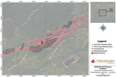Figure 1: Goldlund 2021 Drill Collar Locations (CNW Group/Treasury Metals Inc.)