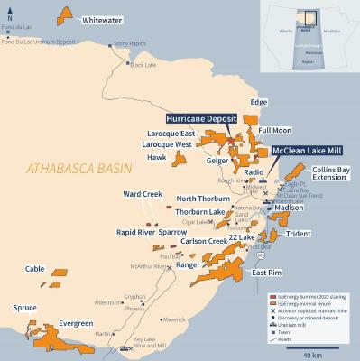 Figure 10 – IsoEnergy Athabasca projects (orange) with new claims staked during the summer of 2023 (red). (CNW Group/IsoEnergy Ltd.)