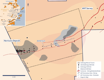 Figure 4 – Plan view of the Hurricane deposit area on the Larocque East project showing the association of the Hurricane deposit with electromagnetic conductors (interpreted as a response to graphitic faults in graphitic pelitic gneiss basement units) and the association with a pronounced low seismic velocity zone (interpreted as a response due to as clay altered, desilicified, fractured sandstone) as measured by the FLEET Ambient Noise Tomography (ANT) survey. Additional ANT velocity anomalies defined along strike of the Hurricane zone and south of it are being evaluated as drill targets. (CNW Group/IsoEnergy Ltd.)