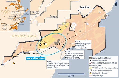 Figure 9 – East Rim map with an area of interest outlined. A conductivity domain outlined by the 2023 VTEM survey, density low anomalies identified by the 2022 Falcon gravity survey, historic ground EM conductors and alteration in historic drill holes are all present in the area of interest. (CNW Group/IsoEnergy Ltd.)