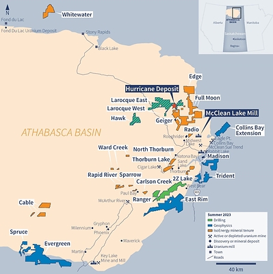 Figure 1 – IsoEnergy Athabasca project location map showing projects on which diamond drilling and geophysical surveys were completed during the 2023 summer field season. (CNW Group/IsoEnergy Ltd.)