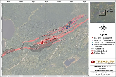 Figure 1: Goldlund Plan Map showing 2021 Drill Program Hole Locations (Click to enlarge) (CNW Group/Treasury Metals Inc.)