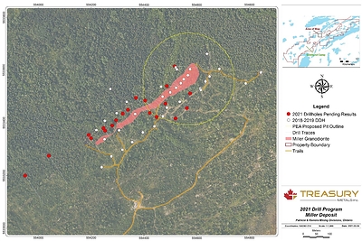 Figure 5: Miller deposit 2021 drill program Plan Map (CNW Group/Treasury Metals Inc.)