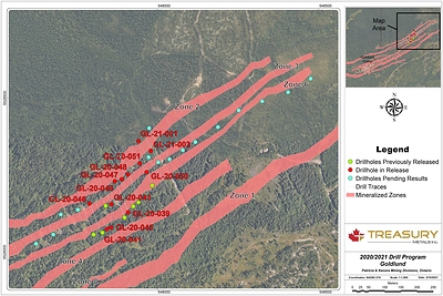 Figure 1: Goldlund Plan Map showing 2020 / 2021 Drill Program Hole Locations (CNW Group/Treasury Metals Inc.)