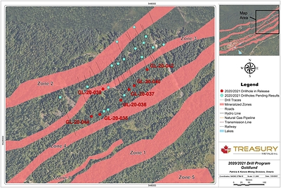 Figure 1: Goldlund Plan Map showing 2020 / 2021 Drill Program Hole Locations (CNW Group/Treasury Metals Inc.)