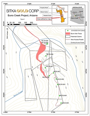 Figure 13: Drill collar locations from the 2019-2020 diamond drilling program and vein trace from surface outcrop. (CNW Group/Sitka Gold Corp.)