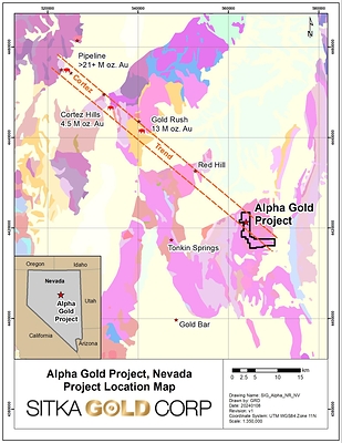 Figure 5:  Alpha Gold Property Location. The Alpha project was staked after discovering the Alpha anticline on projection and parallel to the Cortez trend with felsic dikes and Carlin-type alteration and pathfinders on the surface along its axis.  Analogous anticlines are important controls in the Pipeline, Cortez Hills, and Goldrush/Fourmile gold mines at the NNW end of the Cortez trend. (CNW Group/Sitka Gold Corp.)