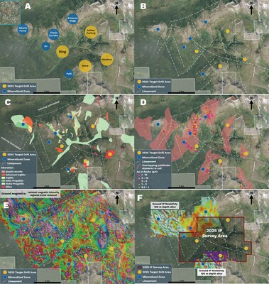 Figure 1: Plan view maps showing Ranch target areas and coincident anomalies. (CNW Group/Thesis Gold Inc.)