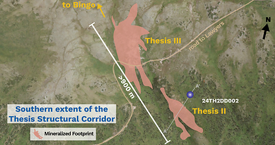 Figure 2 – Plan view map of Thesis II and Thesis III showing the location of drillhole 24TH2DD002. (CNW Group/Thesis Gold Inc.)