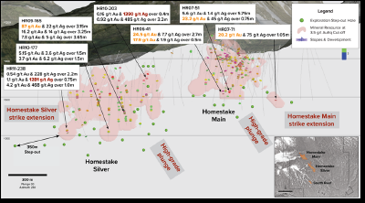 Figure 2 Homestake Ridge Deposits long section with infill and resource expansion project pierce points (CNW Group/Dolly Varden Silver Corp.)