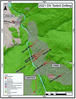 Figure 5: Plan of 2021 Drill Hole locations relative to Resource block model (dark grey shaded area) (CNW Group/Dolly Varden Silver Corp.)