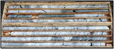 Figure 7: DV21-256 Silica and barite-rich syngenetic mineralization connecting Torbrit and North Star Deposits (CNW Group/Dolly Varden Silver Corp.)