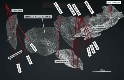 Figure 4: 3D view of 2019 Torbrit resource block model (grey) with 2021 infill and step out drill holes (red), looking east (CNW Group/Dolly Varden Silver Corp.)