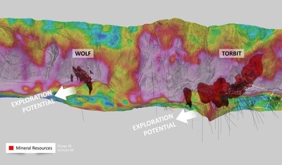 Figure 2: Surface High Potassium alteration signature (pink) showing down plunge potential from Torbrt and Wolf   - Oblique view looking east from Kitsault River,  4 kilometer wide window (CNW Group/Dolly Varden Silver Corp.)