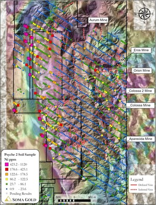 Figure 5: Soil sample grid for Ni (ppm) and informal mine locations (CNW Group/Soma Gold Corp.)