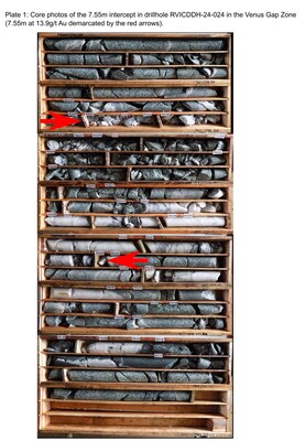 Plate 1: Core photo of the 7.55m intercept in drill hole RVICDDH-24-024 in the Venus Gap Zone (CNW Group/Soma Gold Corp.)