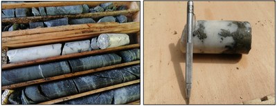 Left: rock-core of drill hole ADDDH_22_46. Right: Detailed mineralization with pyrite, galena and sphalerite in drill hole ADDDH_22_33 (CNW Group/Soma Gold Corp.)