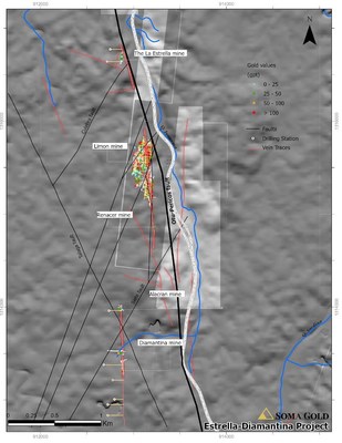 Map #1. Plan view of the Estrella-Diamantina project with planned 
drilling stations, vein traces, faults and gold values. (CNW Group/Soma Gold Corp.)