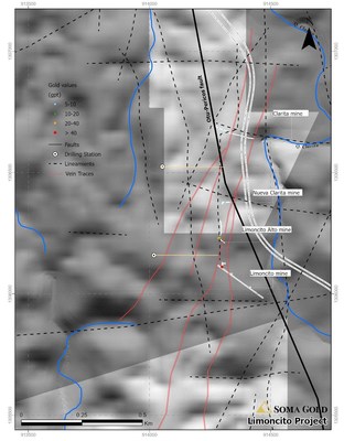 Map #2. Plan view of Limoncito project with planned drilling stations, vein traces, faults and gold values (CNW Group/Soma Gold Corp.)