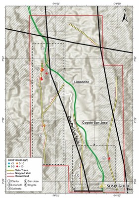 Map #5. Plan view of Limoncito and Cogote-San Jose targets in the central part of Zara concessions. (CNW Group/Soma Gold Corp.)
