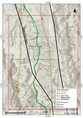 Map #6. Plan view of Cañon de Rojas target in the south sector of the Zara concessions. (CNW Group/Soma Gold Corp.)