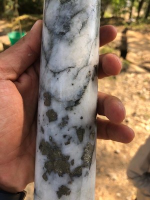 Drill core from hole ADDDH-21-02 at Diamentina with visible gold (CNW Group/Soma Gold Corp.)