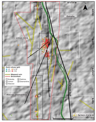 Plan view of drilling targets defined at Zara´s north concessions. (CNW Group/Soma Gold Corp.)