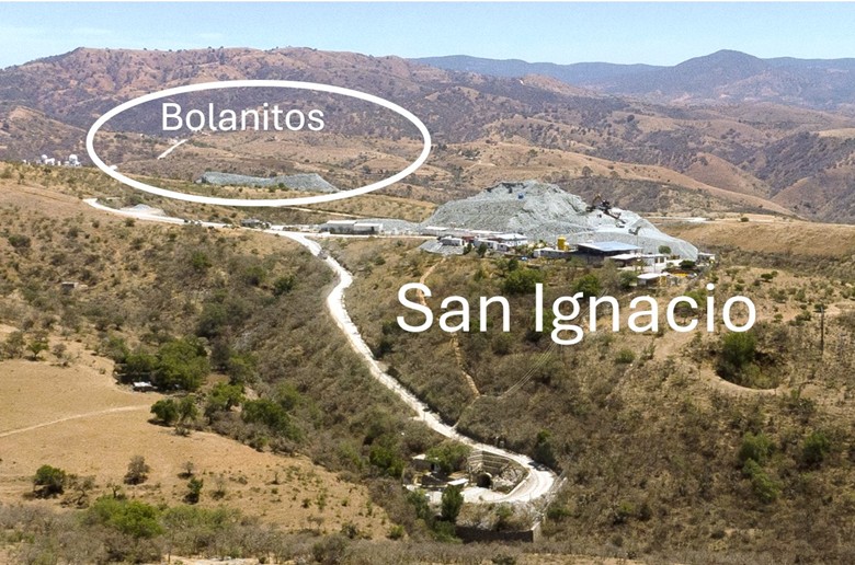 Figure 6: Proximity of the primary stockpiles at Bolanitos and San Ignacio. The Bolanitos mill is located within two kilometres of the San Ignacio project; the two properties are contiguous and share the same geology.