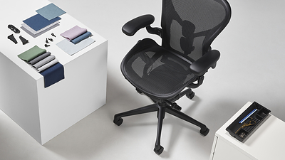 Herman Miller's ocean-bound plastic use-cases including Aeron Onyx, the Revenio textile collection, utility trays, and parts of OE1.