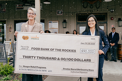 As part of Cracker Barrel's new store opening in Central Park, it partnered with the Food Bank of the Rockies, contributing a $30,000 grant to help further its mission to fight hunger in the community.